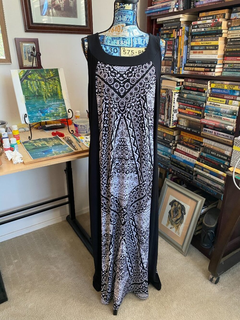 Susan Lawrence B&W Boho Flattering Fit Maxi Dress Sz 2X Excellent pre-owned Cond